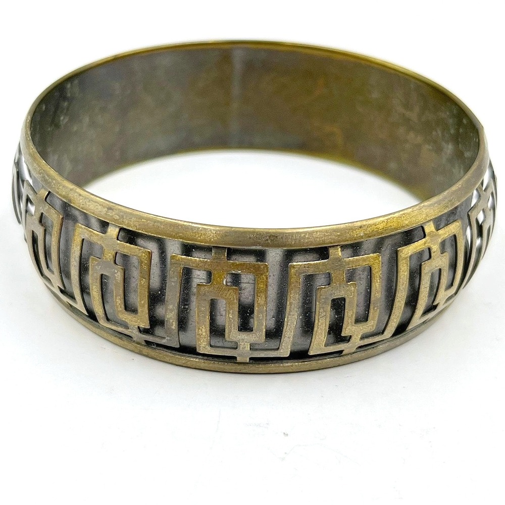Vintage Antique Gold Tone Greek Key Bangle Bracelet Meander Pattern Boho Jewelry